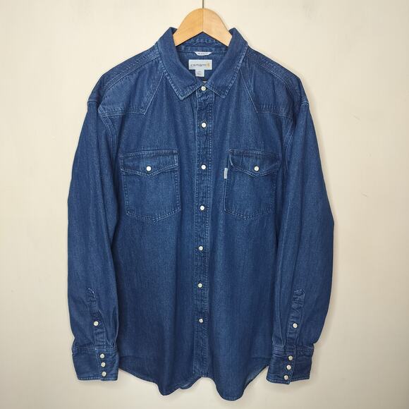 Carhartt Denim Pearl Snap Shirt Western Workwear Relaxed Fit - Picture 1 of 13